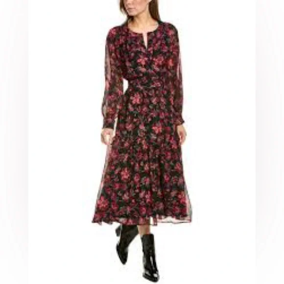 NWT Derek Lam 10 Crosby Tracy Black Floral Printed Midi Dress, Size 14 - Picture 1 of 13